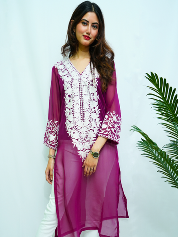 Pyaari Violet Kashmiri Embroidered Georgette Kurti