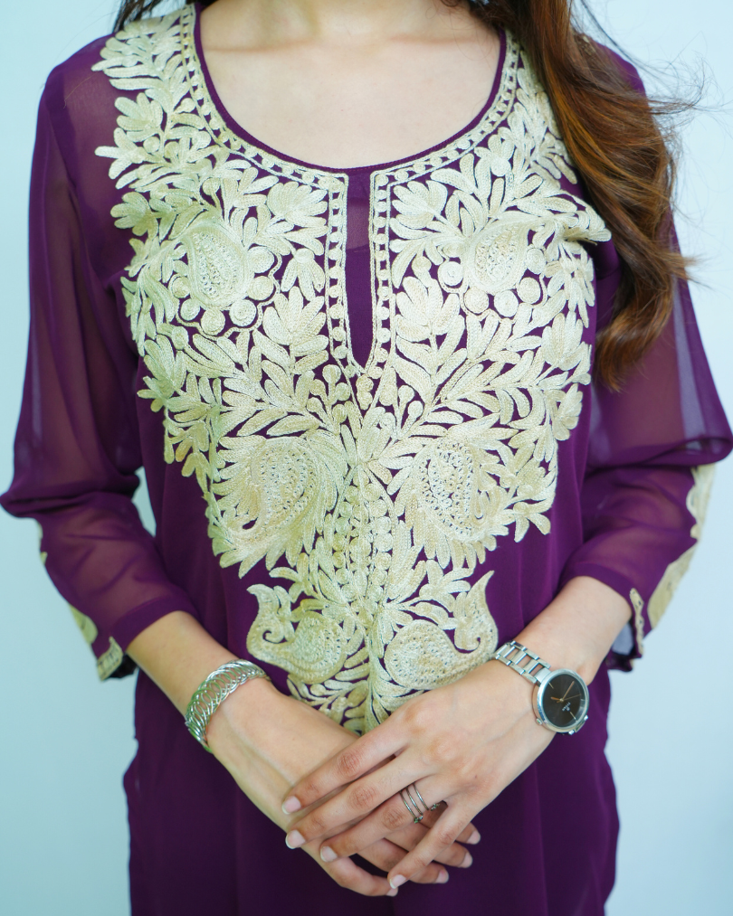 Falak Purple Kashmiri Embroidered Georgette Kurti