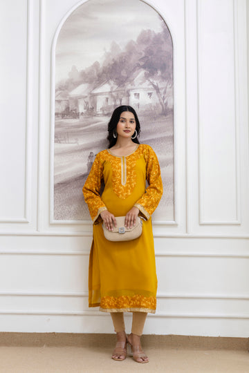TOK Aari Embroidered Georgette Women's Long Kurta - Mustard