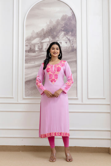 TOK Aari Embroidered Cotton Solid Women's Long Kurta - Pastel Pink