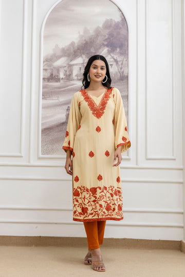 TOK Aari Embroidered Cotton Solid Women's Long Kurta - Golden