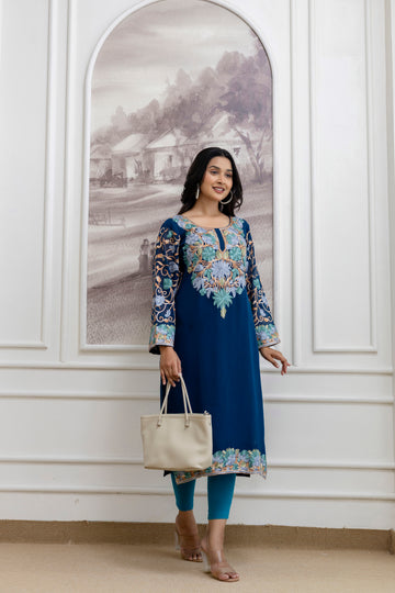 TOK Aari Embroidered Georgette Women's Long Kurta - Blue