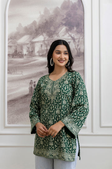 TOK Aari Embroidered Cotton Solid Women's Short Kurta - Dark Green