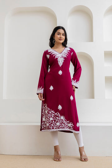 TOK Aari Embroidered Cotton Solid Women's Long Kurta - Magenta
