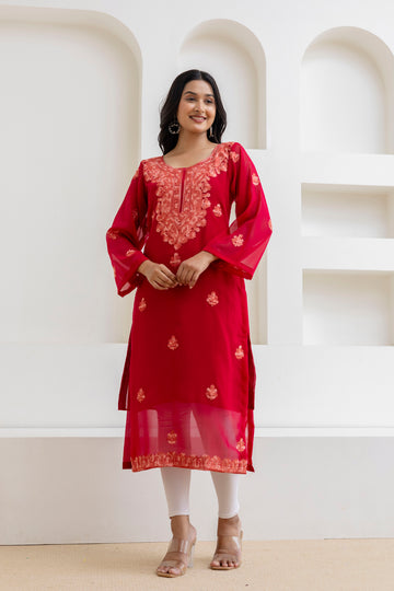 TOK Aari Embroidered Georgette Women's Long Kurta - Maroon