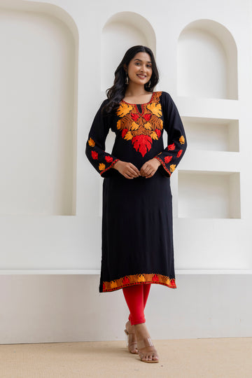 Black Cotton Kurti with Multi-hued Floral Aari Embroidery