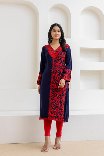 TOK Aari Embroidered Cotton Solid Women's Long Kurta - Navy Blue