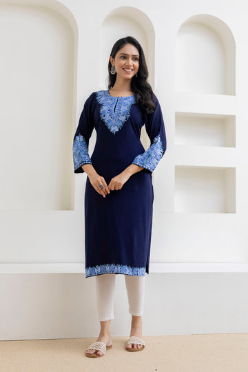 Navy Blue Cotton Kashmiri Aari Embroidered Kurti