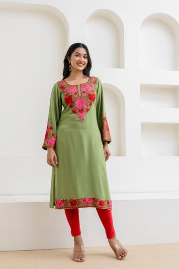 Seafoam Green Cotton Kashmiri Aari Embroidered Kurti