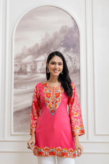 TOK Aari Embroidered Cotton Solid Women's Short Kurta - Pink