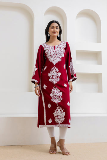 TOK Aari Embroidered Cotton Solid Women's Long Kurta - Maroon