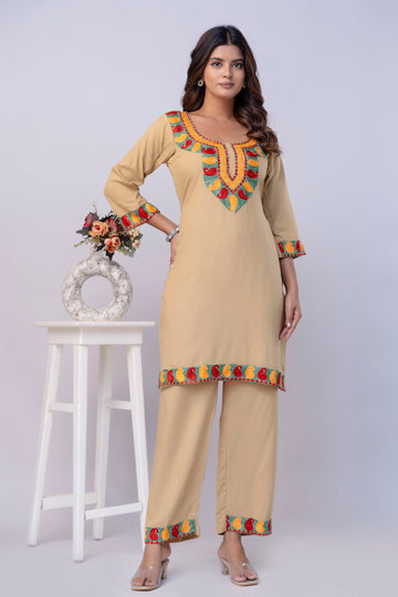 TOK Aari Embroidered Cotton Solid Women's 2PC Co-ord Set - Beige