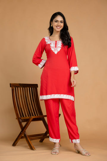 TOK Aari Embroidered Cotton Solid Women's 2PC Co-ord Set - Pink