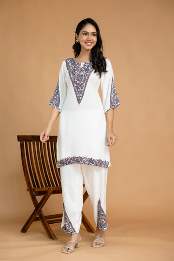 TOK Aari Embroidered Cotton Solid Women's 2PC Co-ord Set - Off White