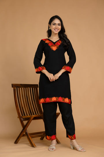 TOK Aari Embroidered Cotton Solid Women's 2PC Co-ord Set - Black