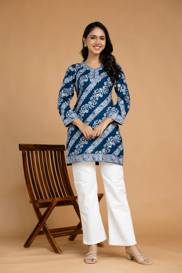 TOK Aari Embroidered Cotton Solid Women's Short Kurta - Blue