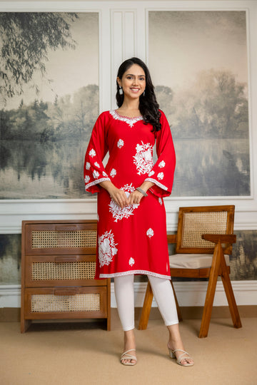 TOK Aari Embroidered Cotton Solid Women's Long Kurta - Red