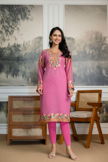TOK Aari Embroidered Georgette Women's Long Kurta - Pink