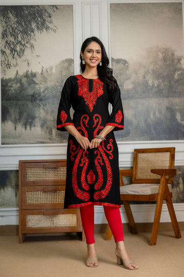 TOK Aari Embroidered Cotton Solid Women's Long Kurta - Black