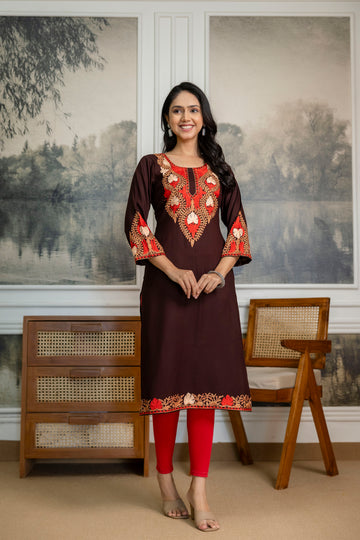 Dark Brown Cotton Kashmiri Aari Embroidered Kurti