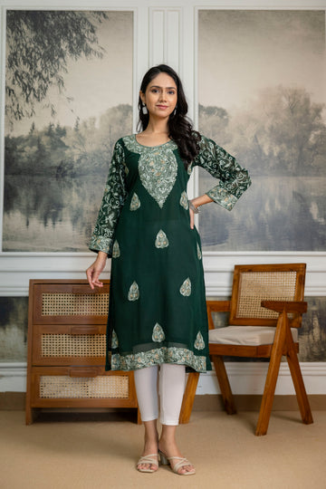 TOK Aari Embroidered Georgette Women's Long Kurta - Bottle Green