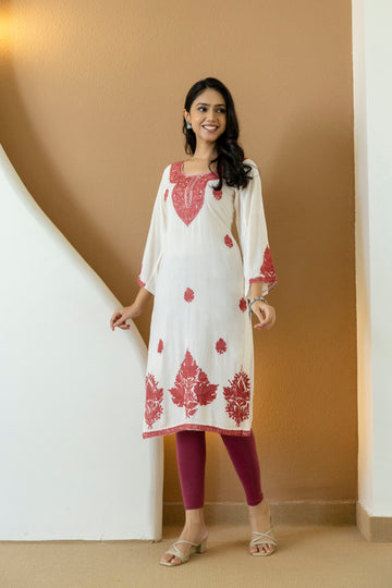 TOK Aari Embroidered Cotton Solid Women's Long Kurta - White