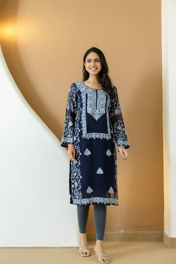 TOK Aari Embroidered Georgette Women's Long Kurta - Navy Blue