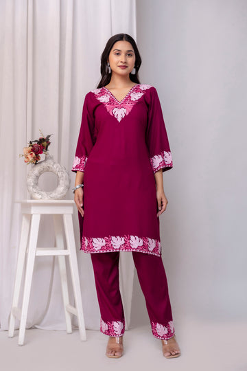 TOK Aari Embroidered Cotton Solid Women's 2PC Co-ord Set - Magenta