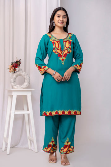 TOK Aari Embroidered Cotton Solid Women's 2PC Co-ord Set - Persian Green