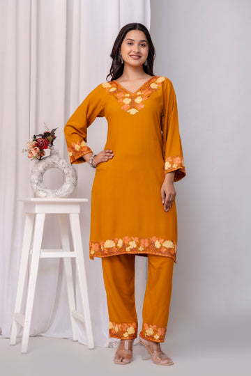 TOK Aari Embroidered Cotton Solid Women's 2PC Co-ord Set - Mustard