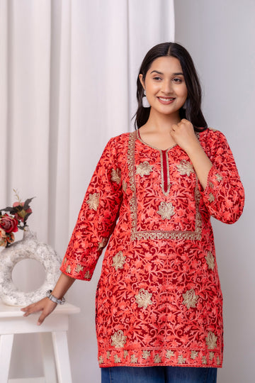 TOK Aari Embroidered Cotton Solid Women's Short Kurta - Red