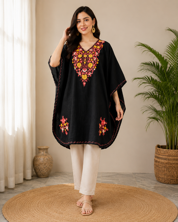 Black Crush Cotton Kaftan – Multicolor Embroidery | All-Purpose Comfort Ethnic Wear Free Size