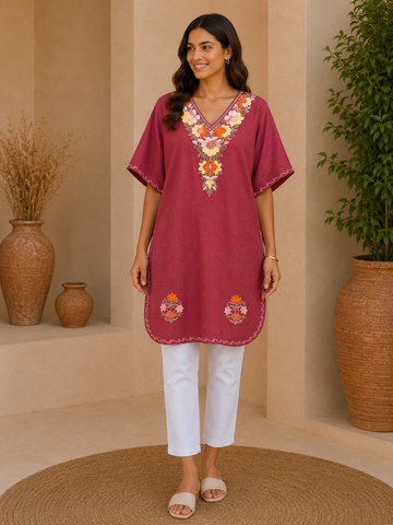 Hot Pink Crush Cotton Kaftan – Multicolor Embroidery | All-Purpose Comfort Ethnic Wear Free Size