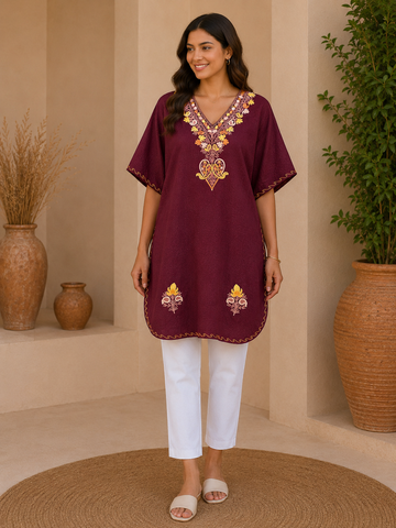 Wine Color Crush Cotton Kaftan – Multicolor Embroidery | All-Purpose Comfort Ethnic Wear Free Size