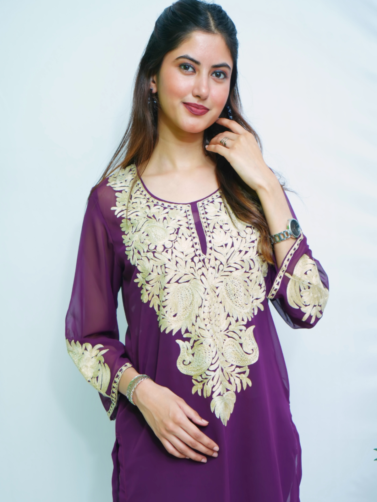 Falak Purple Kashmiri Embroidered Georgette Kurti