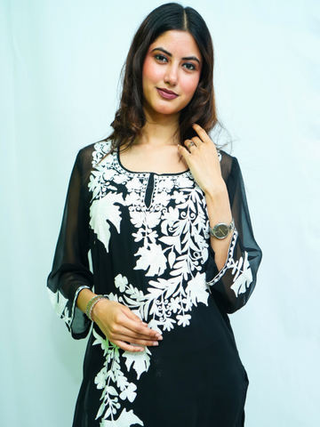 Nusrat Black & White Kashmiri Embroidered Georgette Kurti