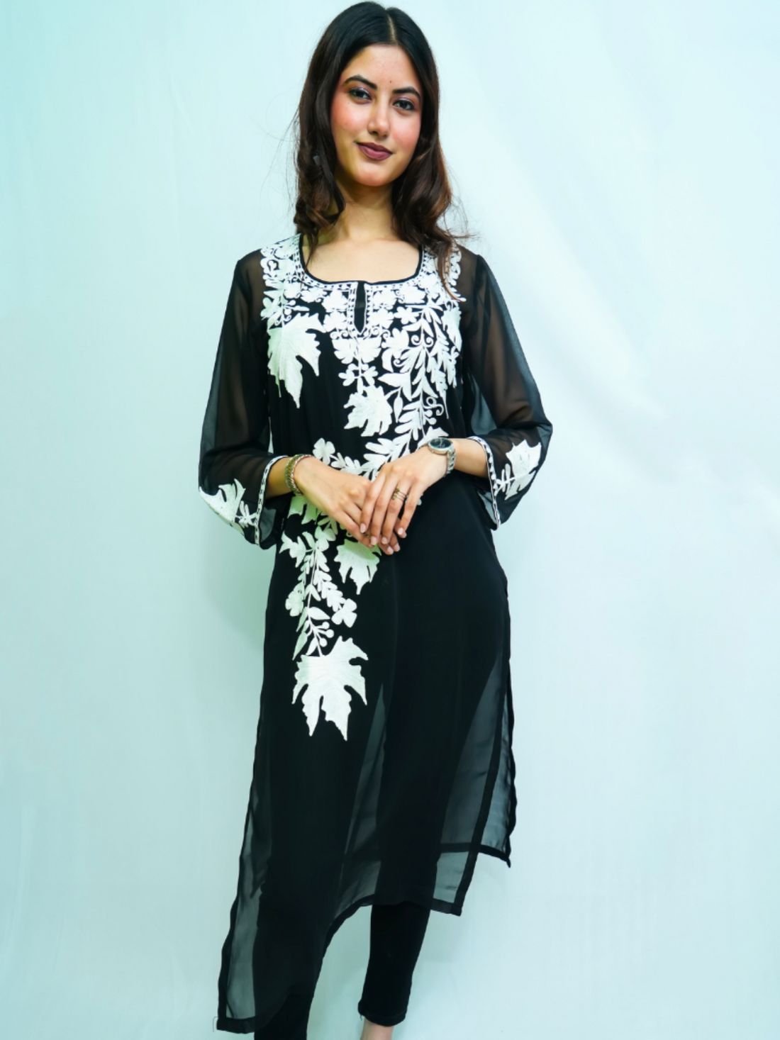 Nusrat Black & White Kashmiri Embroidered Georgette Kurti