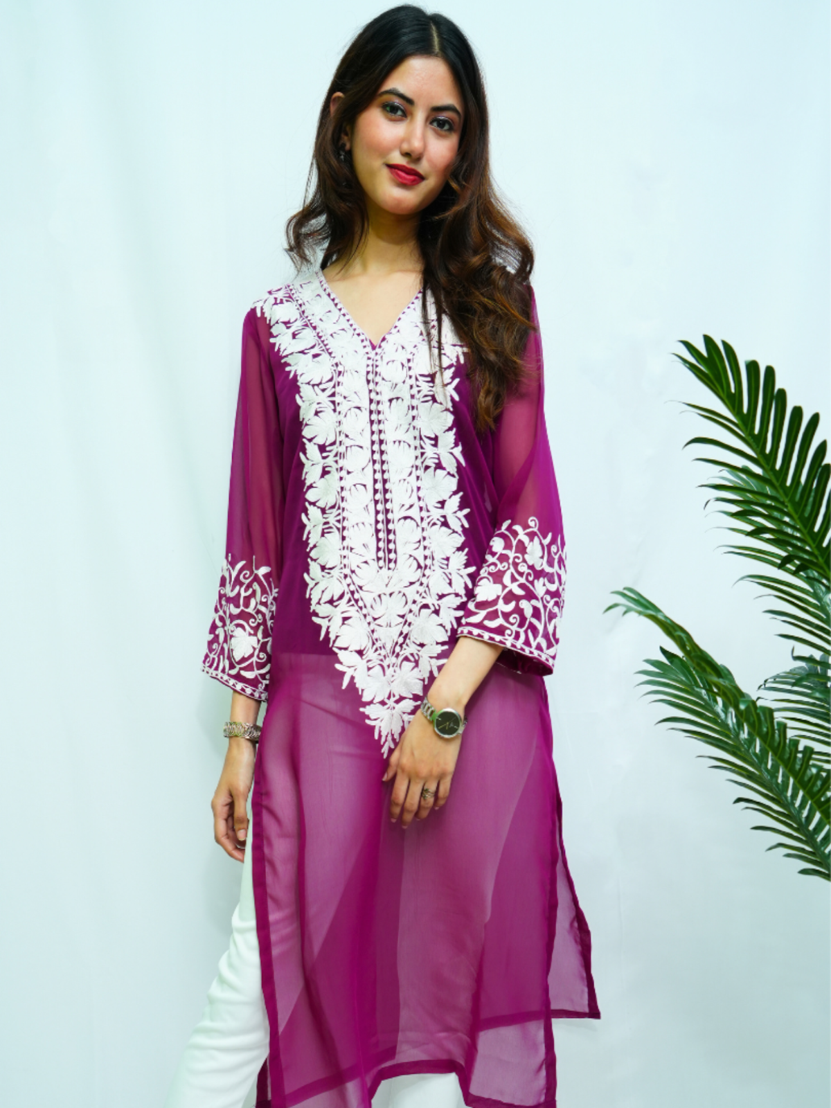 Pyaari Violet Kashmiri Embroidered Georgette Kurti