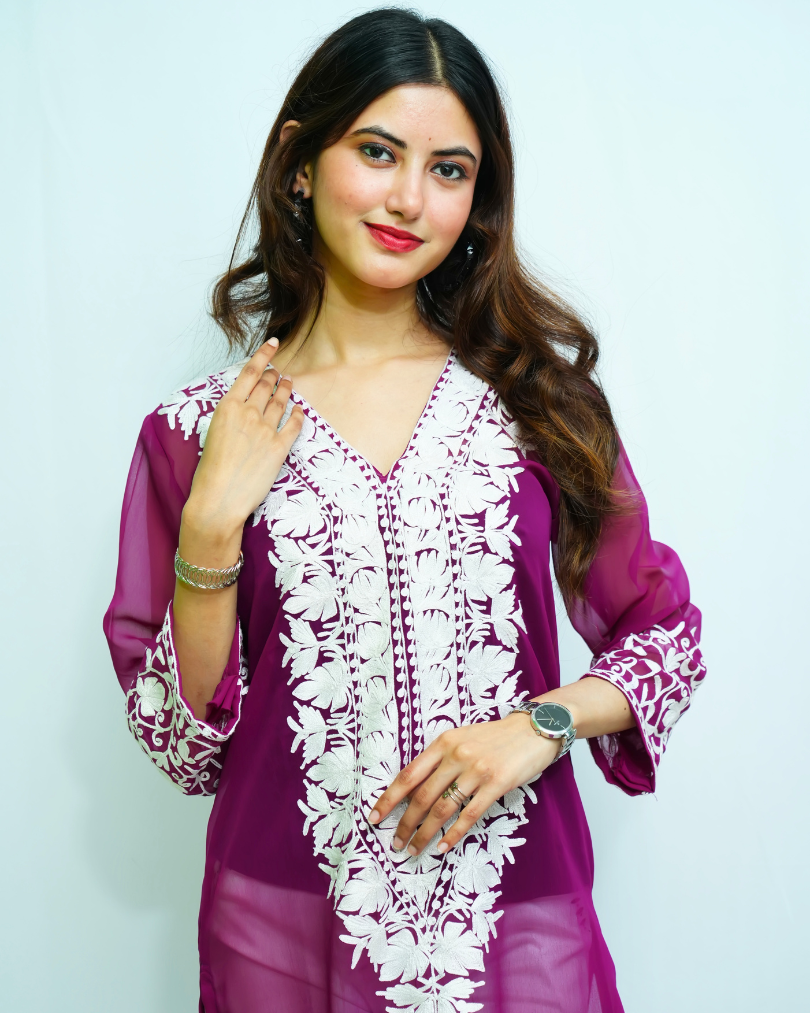 Pyaari Violet Kashmiri Embroidered Georgette Kurti