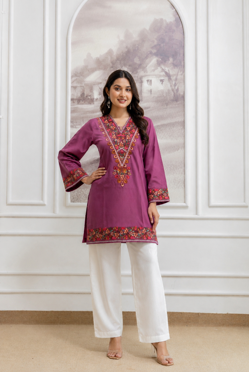 TOK Aari Embroidered Cotton Solid Women's Short Kurta - Onion Pink