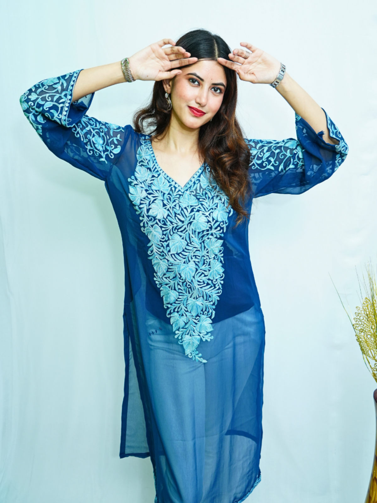 Suhana Blue Kashmiri Embroidered Georgette Kurti