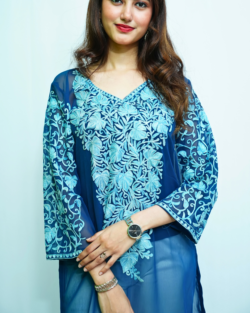 Suhana Blue Kashmiri Embroidered Georgette Kurti