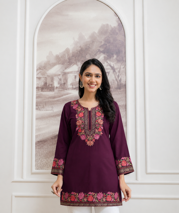 TOK Aari Embroidered Cotton Solid Women's Short Kurta - Wine