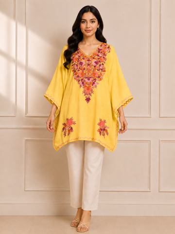 Yellow Crush Cotton Kaftan – Multicolor Embroidery | All-Purpose Comfort Ethnic Wear Free Size