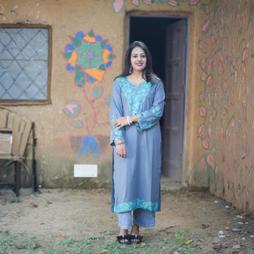 TOK Aari Embroidered Cotton Solid Women's Long Kurta - Grey