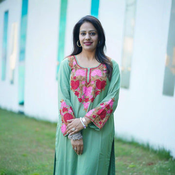 Seafoam Green Cotton Kashmiri Aari Embroidered Kurti