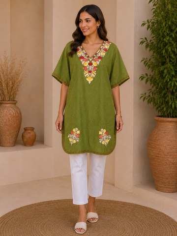 Green Crush Cotton Kaftan – Multicolor Embroidery | All-Purpose Comfort Ethnic Wear Free Size