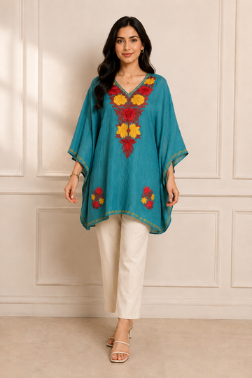 Peacock Blue Crush Cotton Kaftan – Multicolor Embroidery | All-Purpose Comfort Ethnic Wear Free Size
