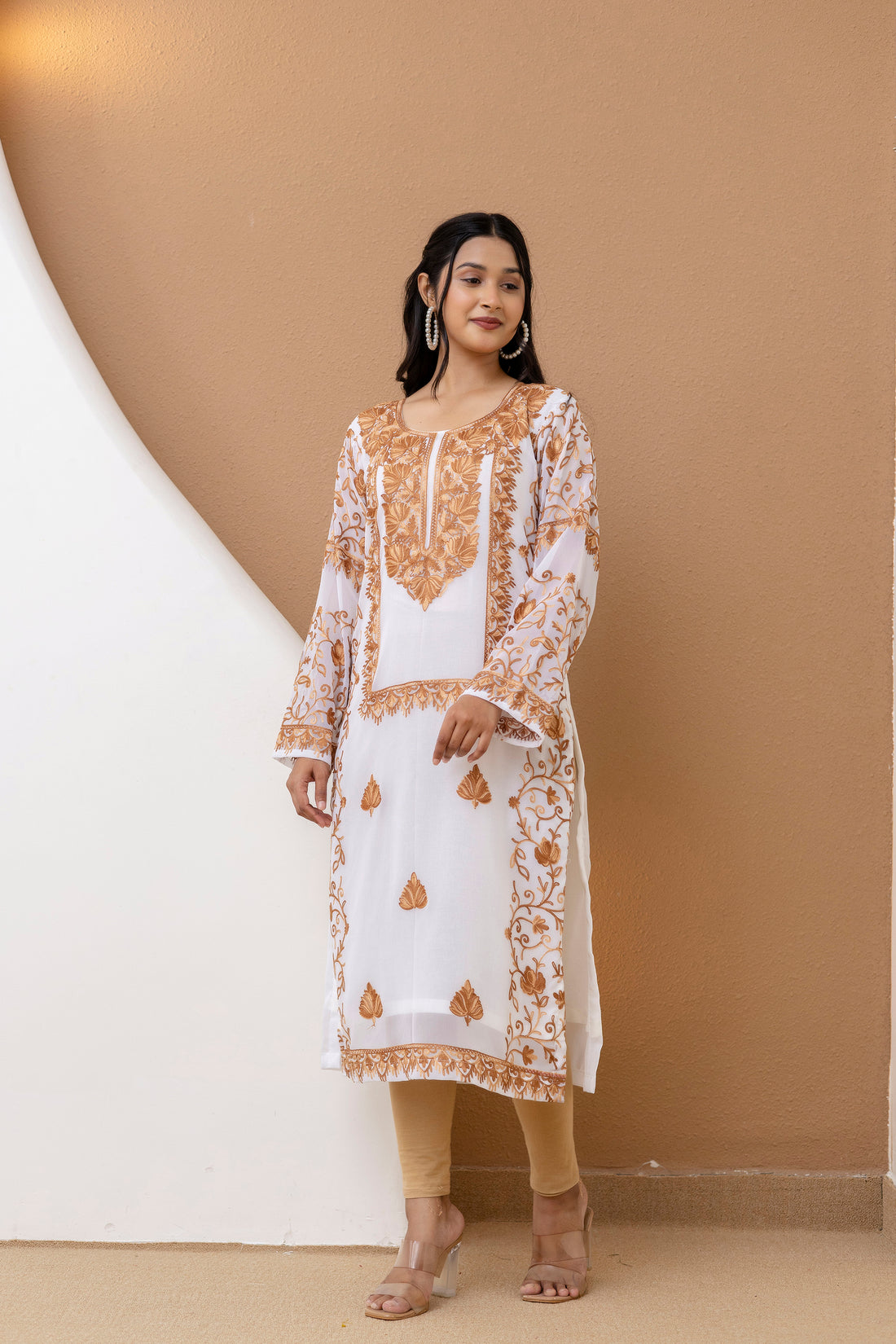 TOK Aari Embroidered Georgette Women's Long Kurta - White