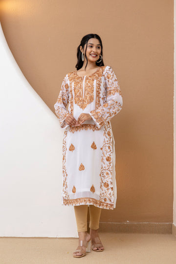TOK Aari Embroidered Georgette Women's Long Kurta - White
